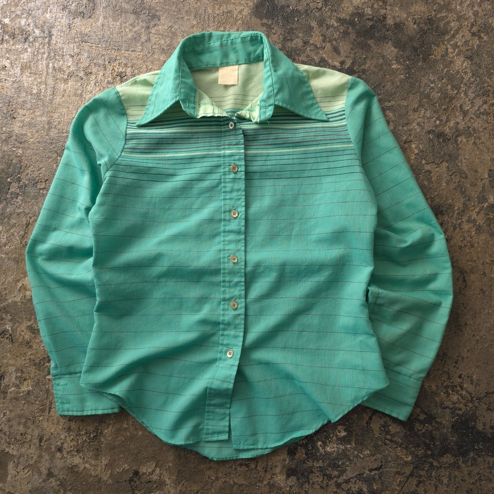 Vintage 70s Green Button Up Shirt Small Striped Disco Made in USA